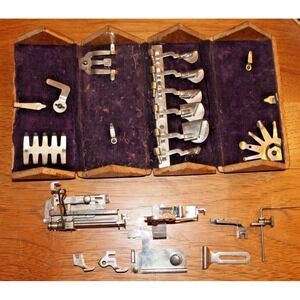 Antique Singer Sewing Machine Loaded Ptd 1889 Oak Puzzle Box w/ Attachments